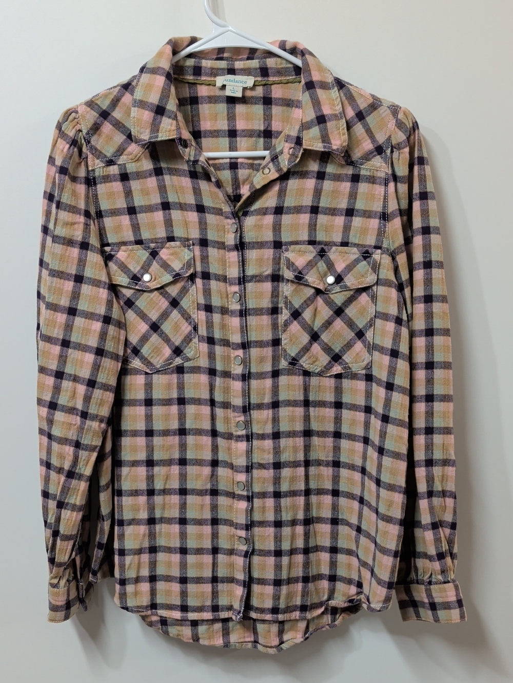 Sundance Lenora Blush & Black Plaid Pearl Snap Flannel Shirt
